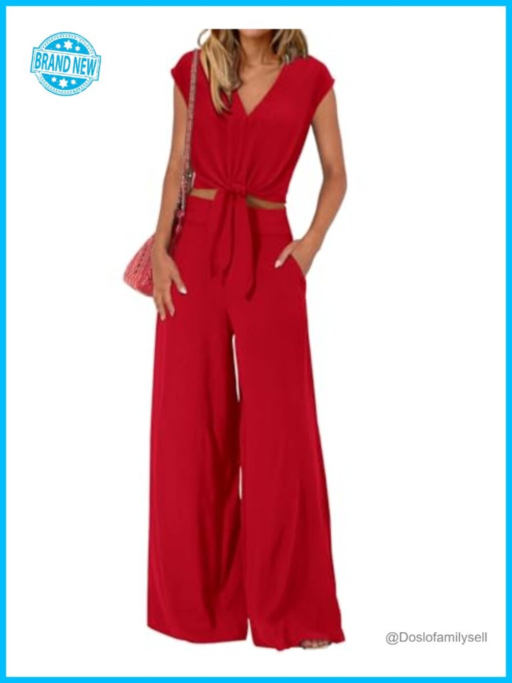 Women's 2 Piece Outfit V Neck Crop Top Wide Leg Palazzo Pants Set